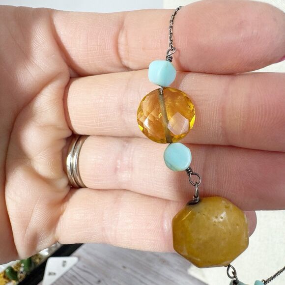 Sterling Silver Long Chain Necklace Stone Beads Bohemian Larimar Turquoise Pearl - Picture 7 of 8